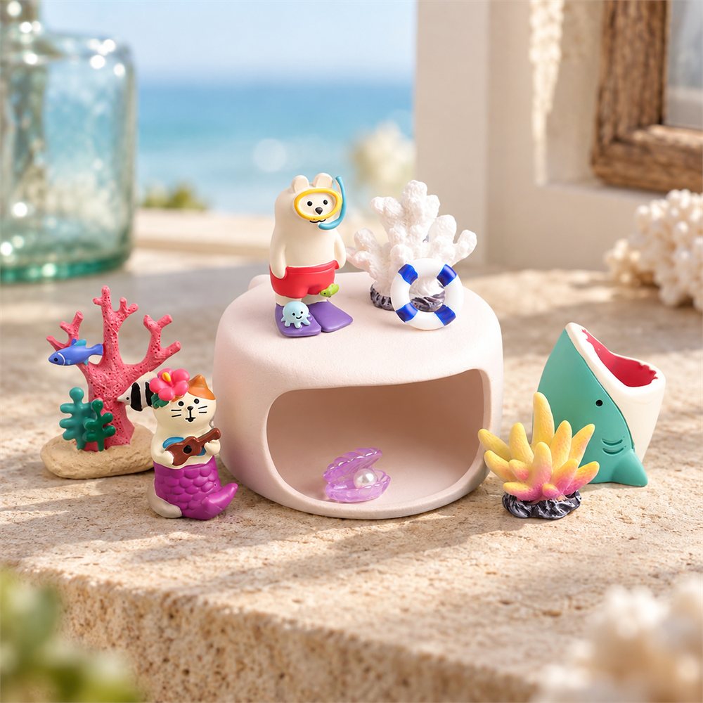Diving Bear Ocean Diorama, Ceramic Coral Miniature Scene, Coastal Gift