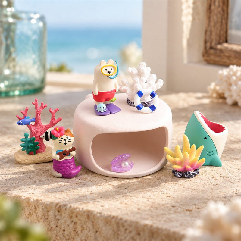 Diving Bear Ocean Diorama, Ceramic Coral Miniature Scene, Coastal Gift