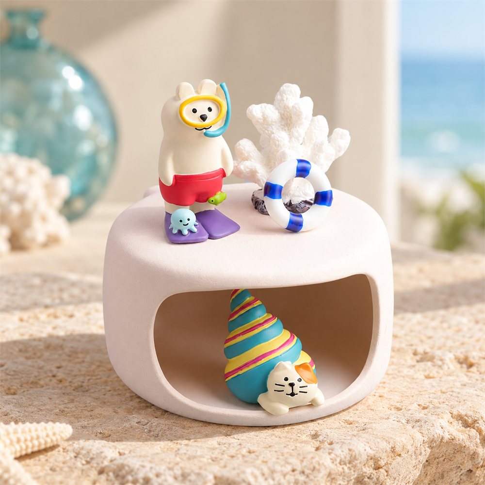 Diving Bear Ocean Diorama, Ceramic Coral Miniature Scene, Coastal Gift