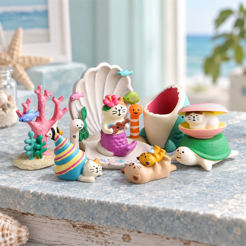Ocean Creature Figurine Set, Ceramic Coral and Shell Miniatures, Coastal Decor