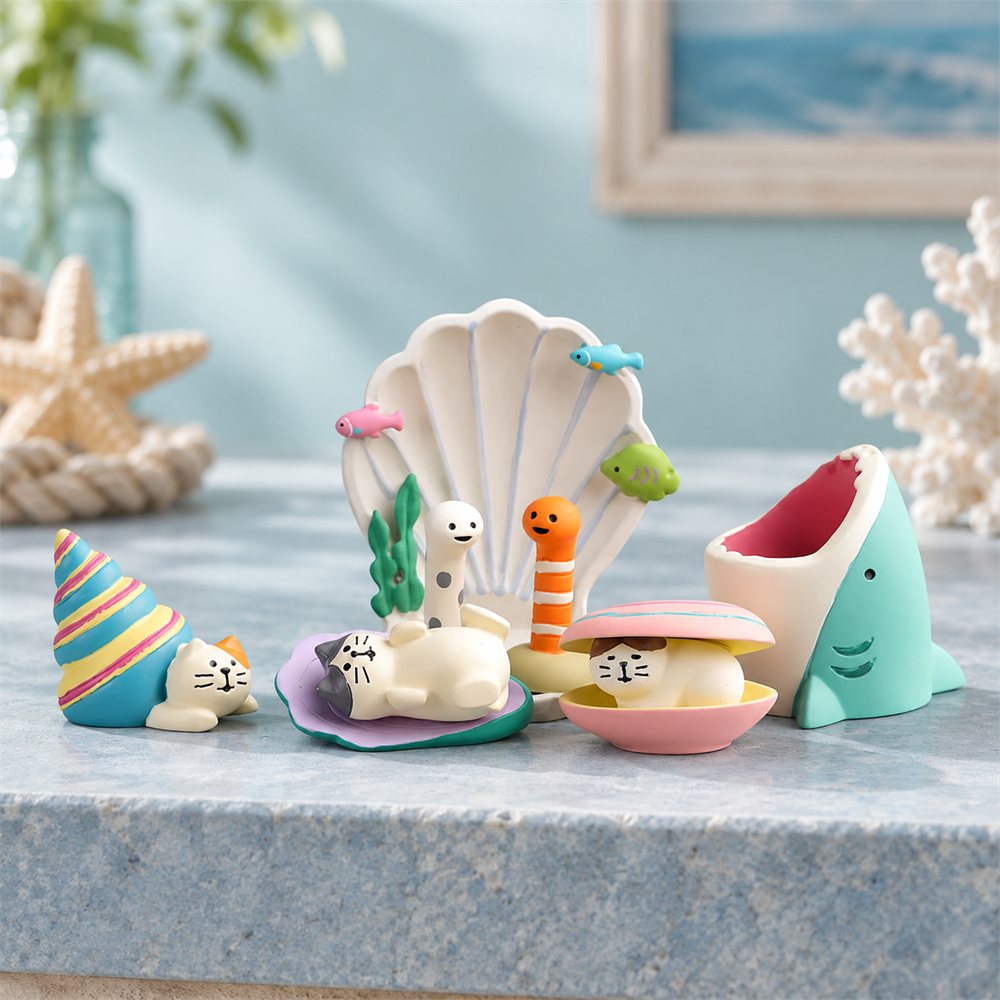 Ocean Creature Figurine Set, Ceramic Coral and Shell Miniatures, Coastal Decor
