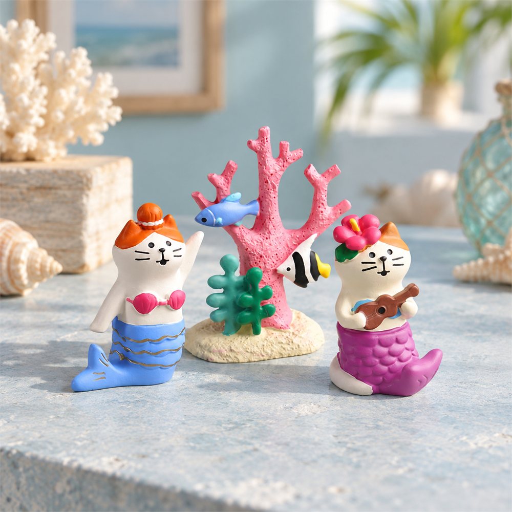 Ocean Creature Figurine Set, Ceramic Coral and Shell Miniatures, Coastal Decor