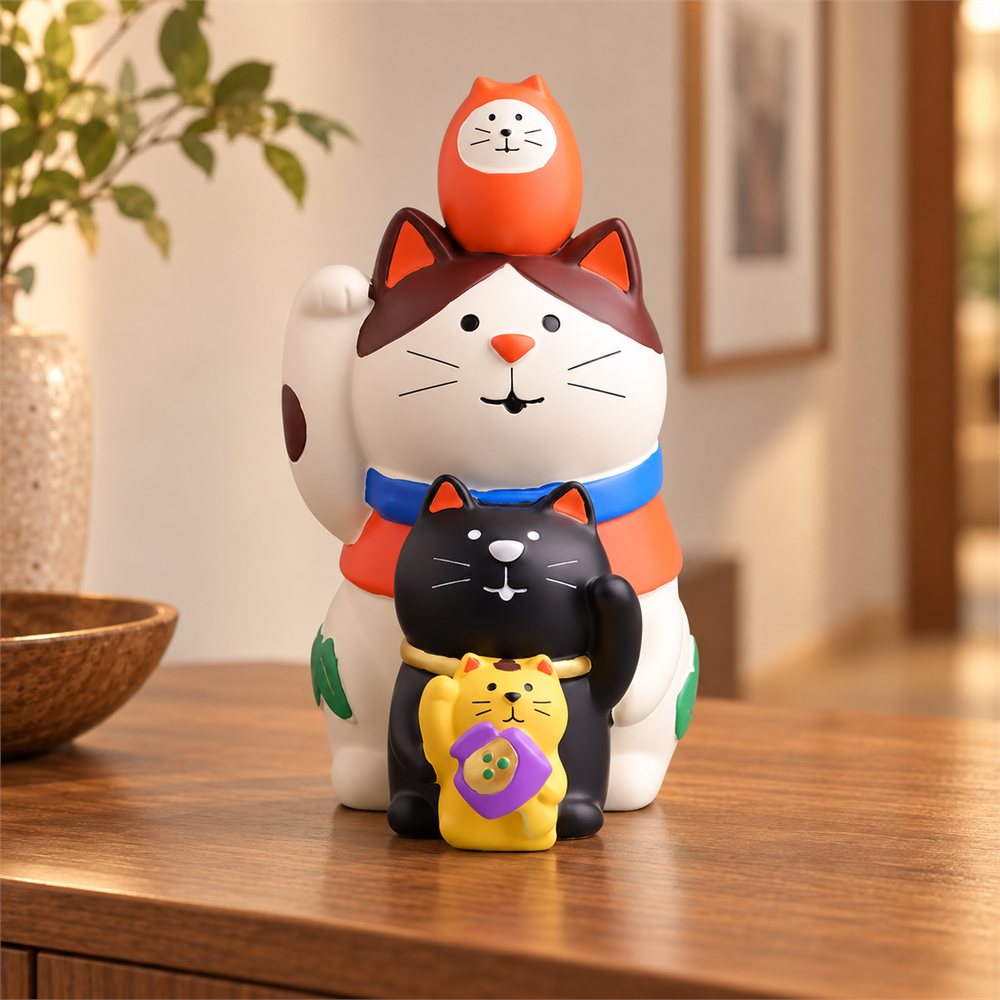 Large Stacked Lucky Cat Figurine, Japanese Entryway Decor, Good Luck Gift