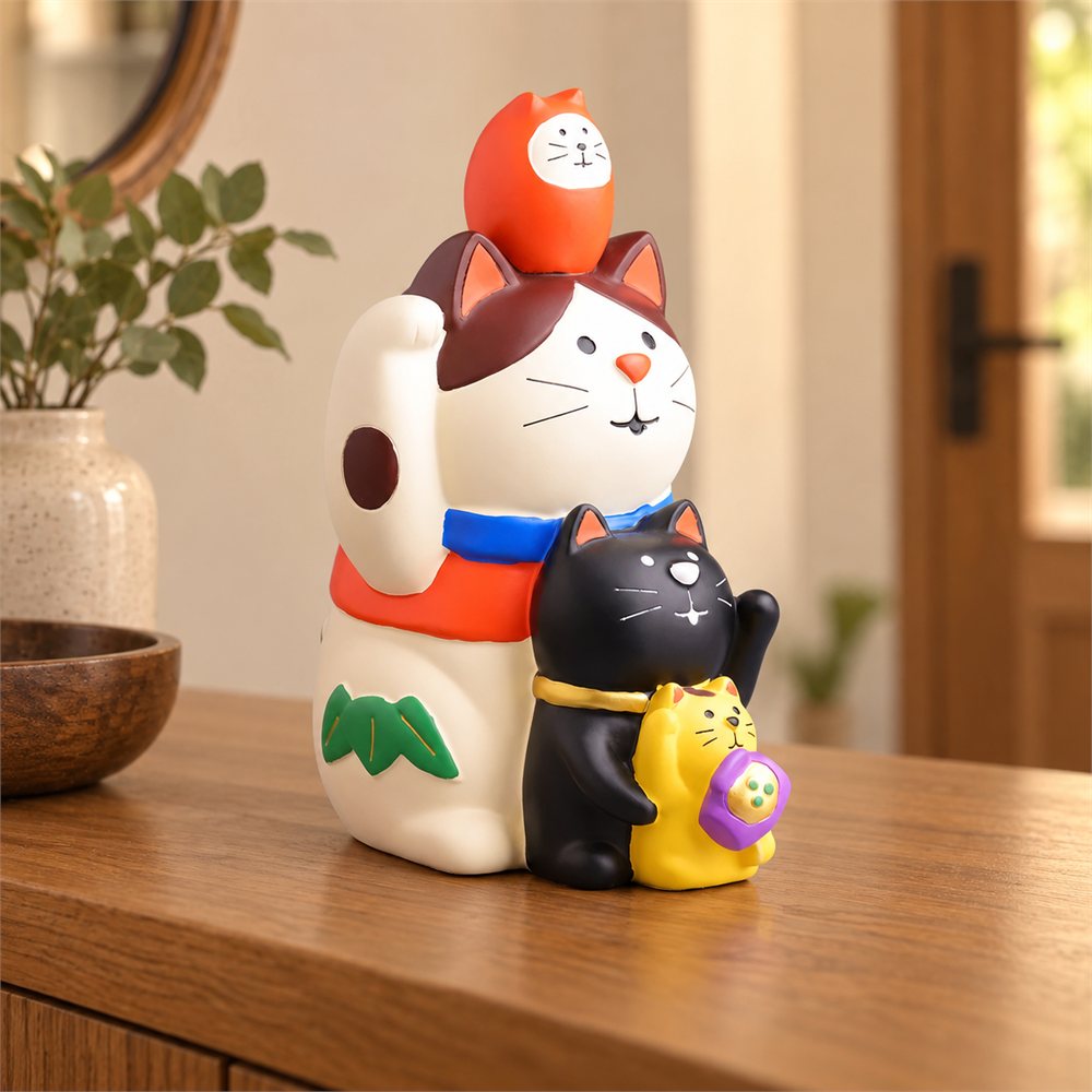 Large Stacked Lucky Cat Figurine, Japanese Entryway Decor, Good Luck Gift
