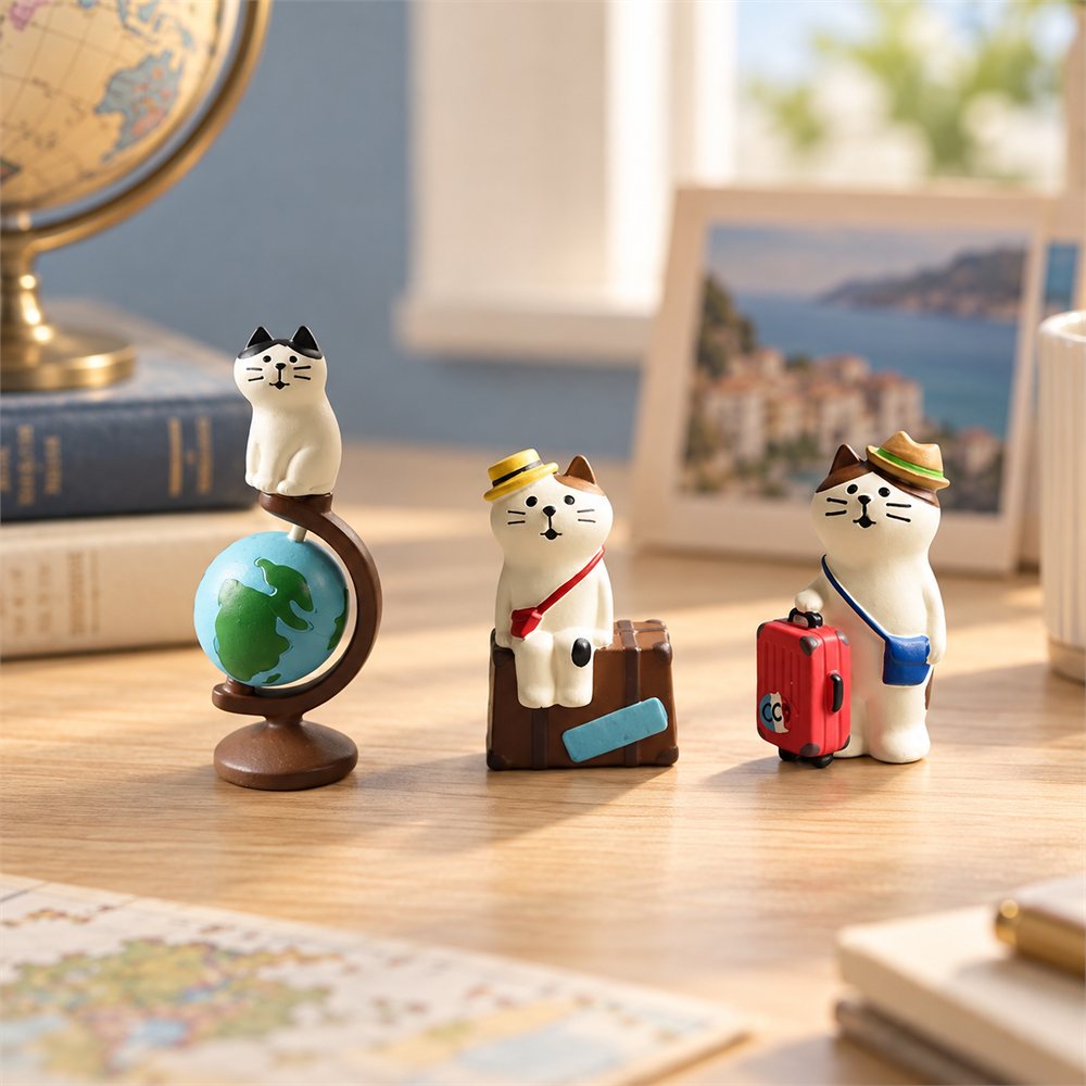 Travel Cat Globe Figurine Set, Miniature Suitcase Desk Decor, Traveler Gift