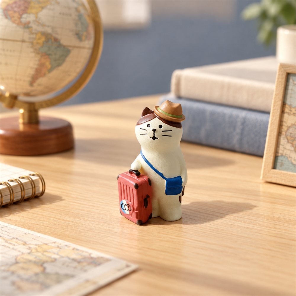Travel Cat Globe Figurine Set, Miniature Suitcase Desk Decor, Traveler Gift