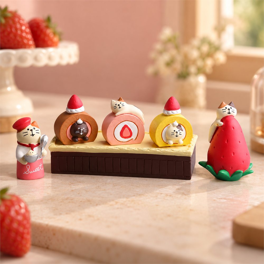 Strawberry Roll Cat Figurine Set, Cute Dessert Desk Decor, Cat Lover Gift
