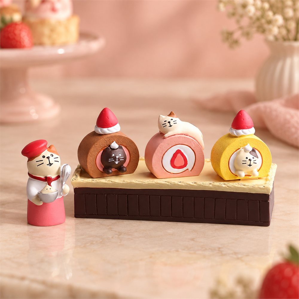 Strawberry Roll Cat Figurine Set, Cute Dessert Desk Decor, Cat Lover Gift