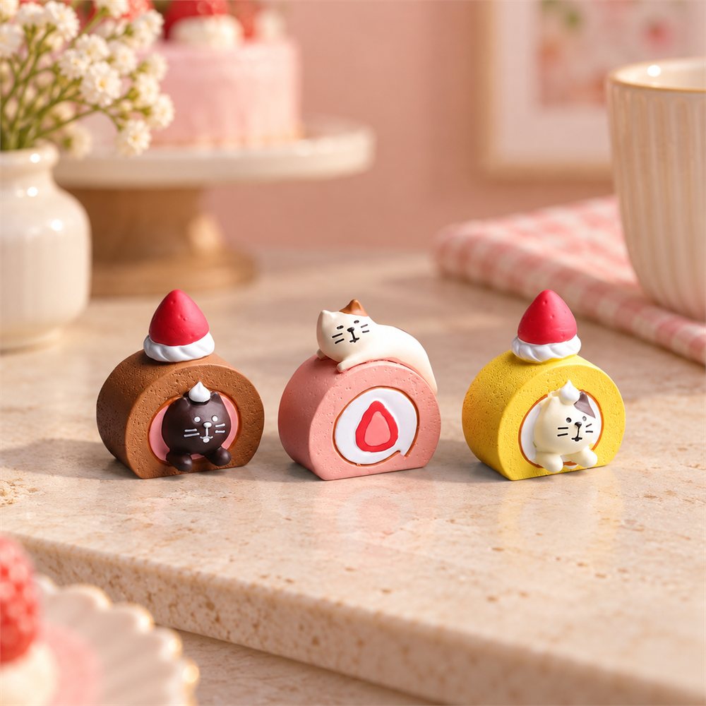 Strawberry Roll Cat Figurine Set, Cute Dessert Desk Decor, Cat Lover Gift