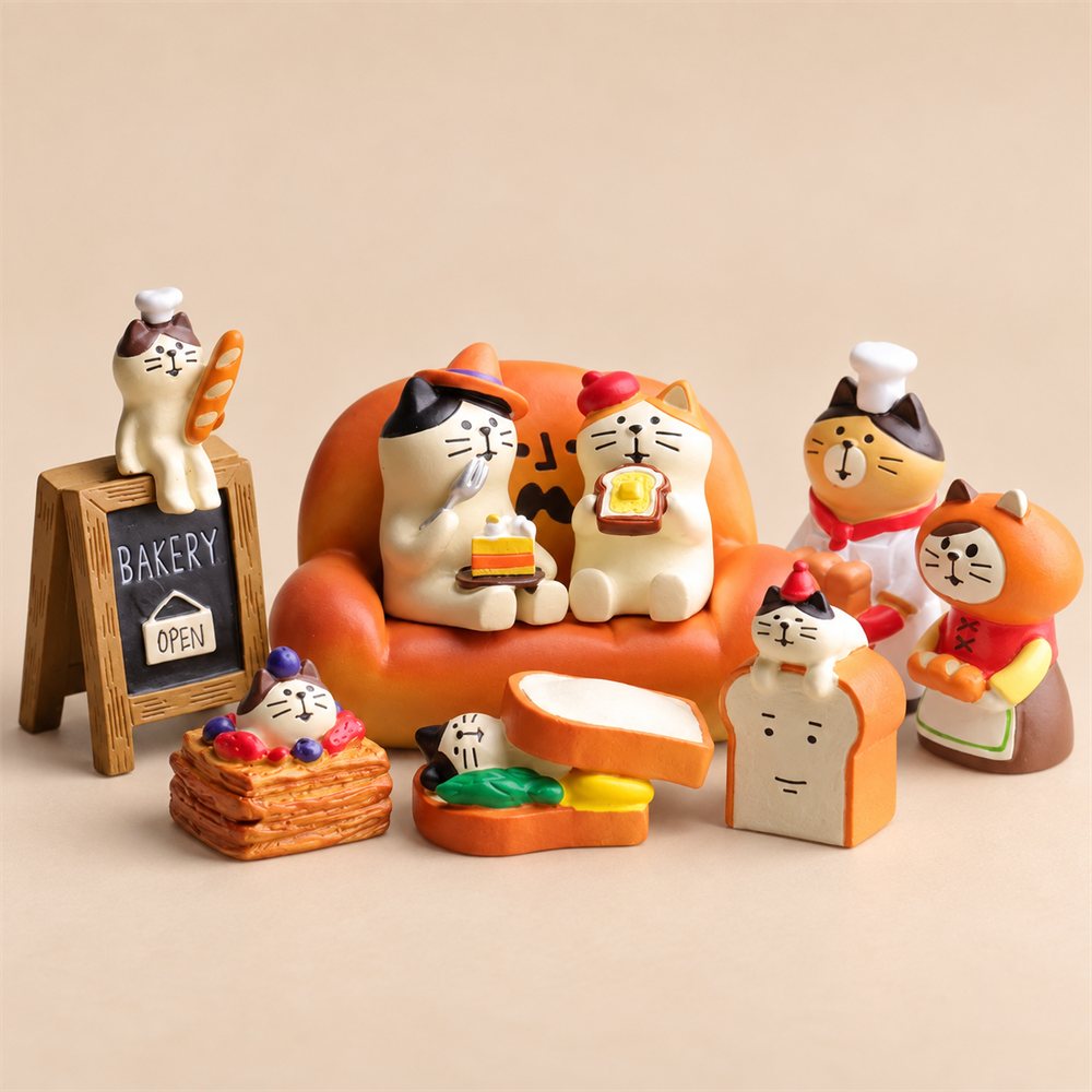 Cat Bakery Figurine Set, Bread Sofa Miniatures, Baker Gift