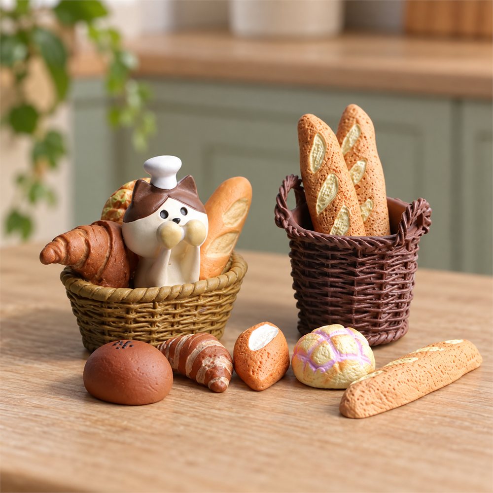 Baker Cat Miniature Set, Bread Shop Desk Diorama, Kitchen Decor
