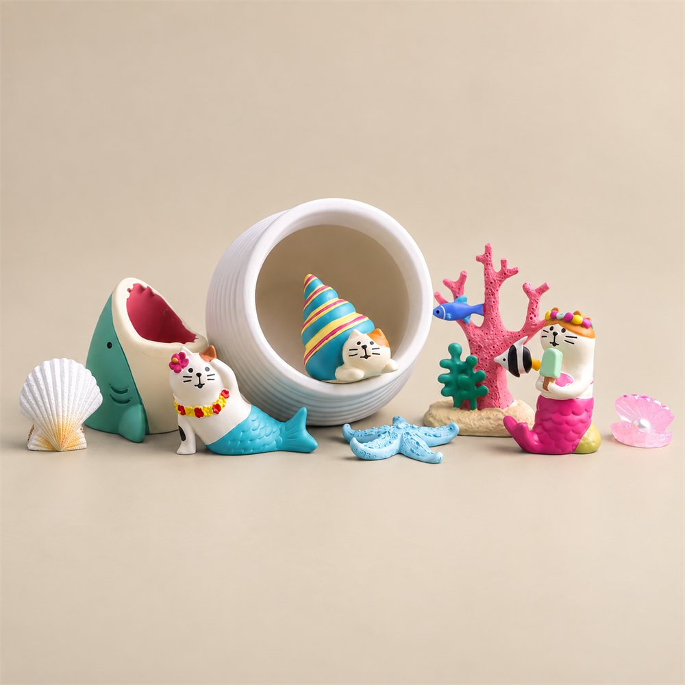 Mermaid Coral House Diorama, Ceramic Ocean Figurine Set, Coastal Gift