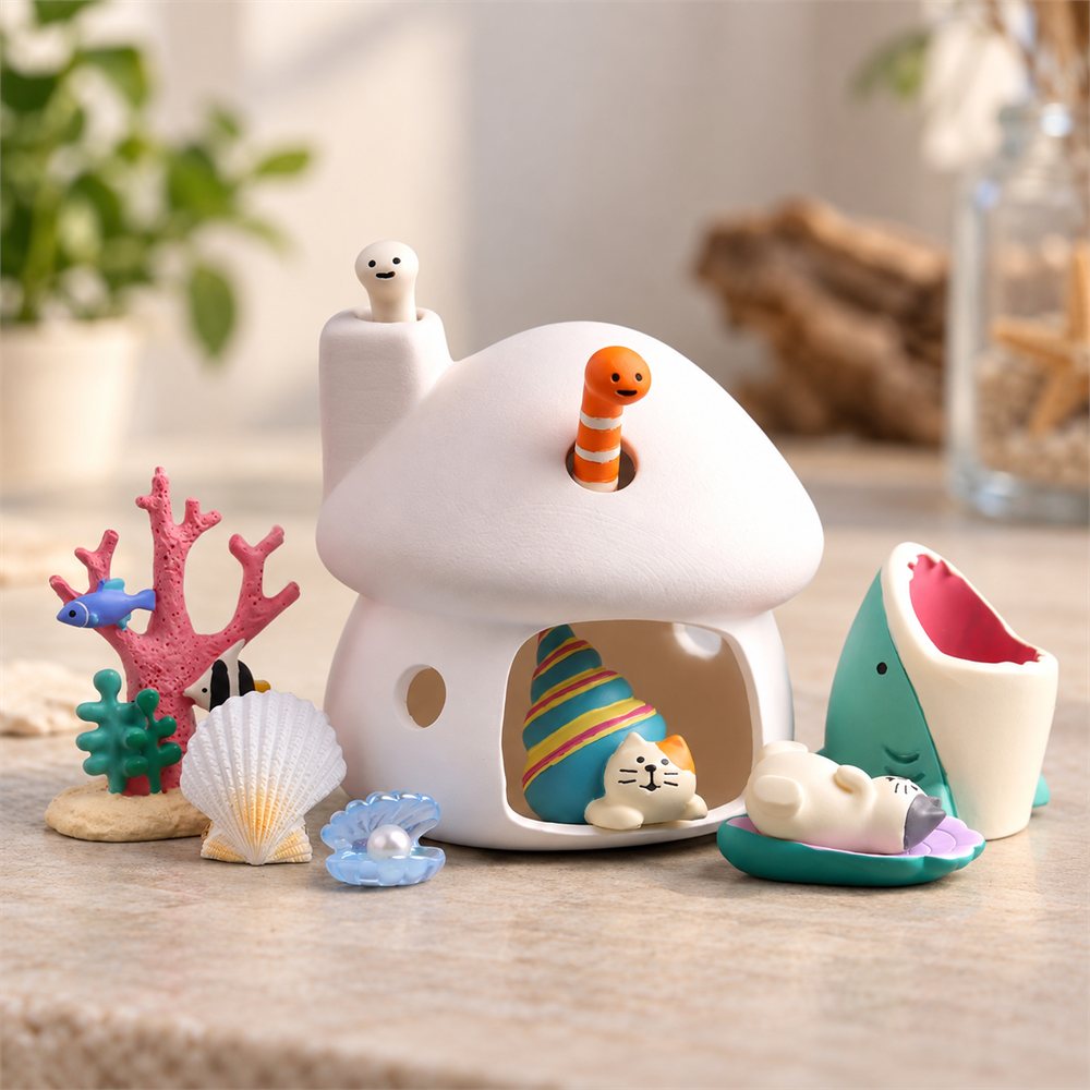 Mermaid Coral House Diorama, Ceramic Ocean Figurine Set, Coastal Gift