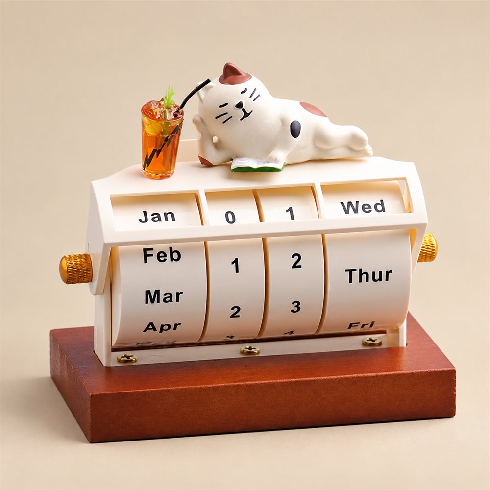 Cat Perpetual Desk Calendar, Wooden Office Decor, Cat Lover Gift