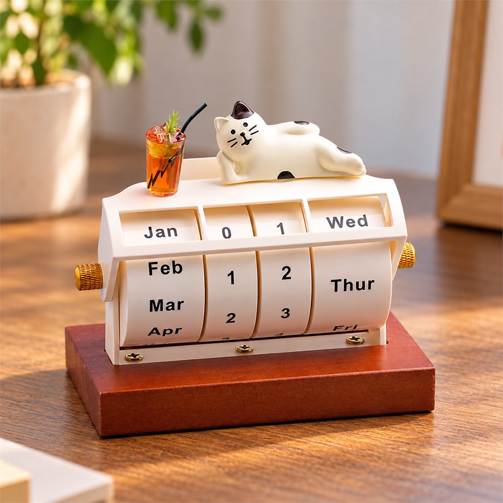 Cat Perpetual Desk Calendar, Wooden Office Decor, Cat Lover Gift