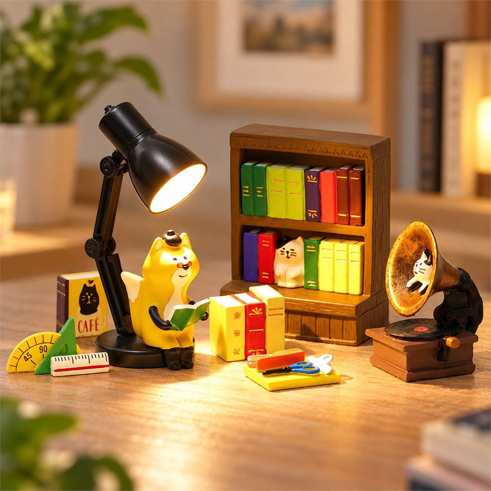 Reading Cat Library Night Light, Bookish Desk Diorama, Reader Gift