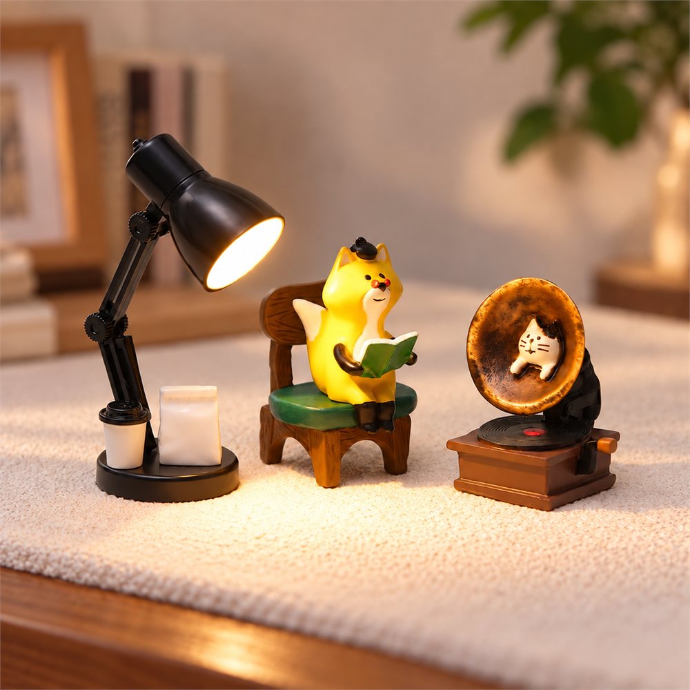 Reading Cat Library Night Light, Bookish Desk Diorama, Reader Gift