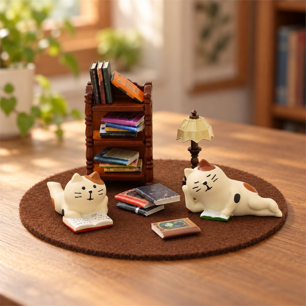 Reading Cat Library Figurine Set, Miniature Book Nook Decor, Book Lover Gift