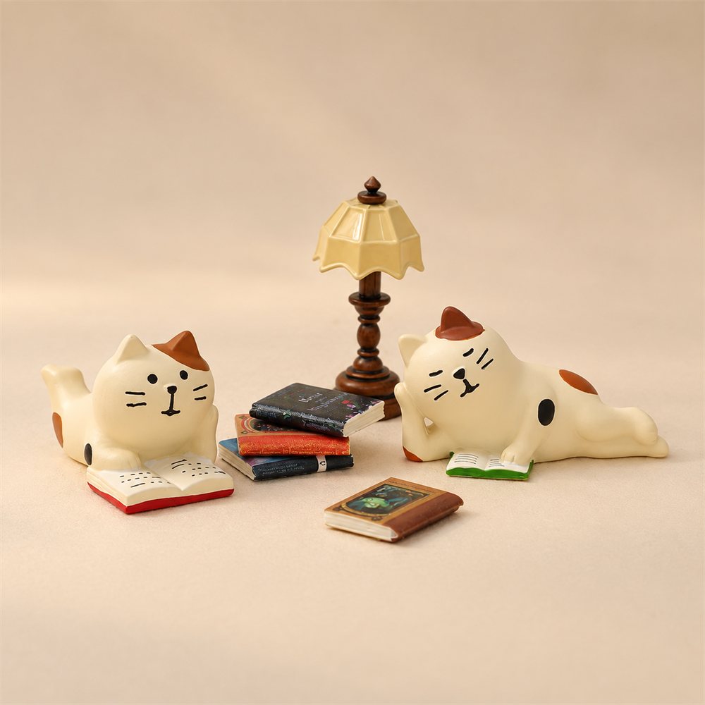 Reading Cat Library Figurine Set, Miniature Book Nook Decor, Book Lover Gift