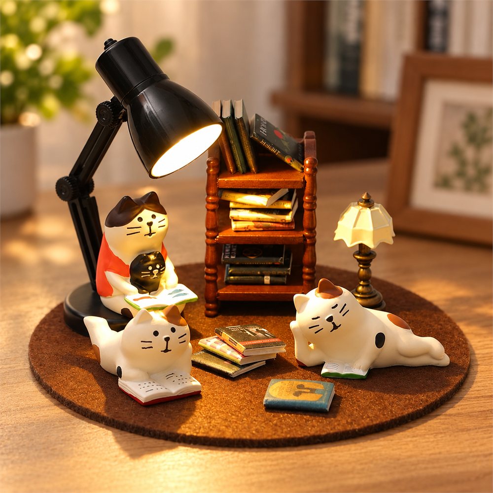 Reading Cat Library Figurine Set, Miniature Book Nook Decor, Book Lover Gift