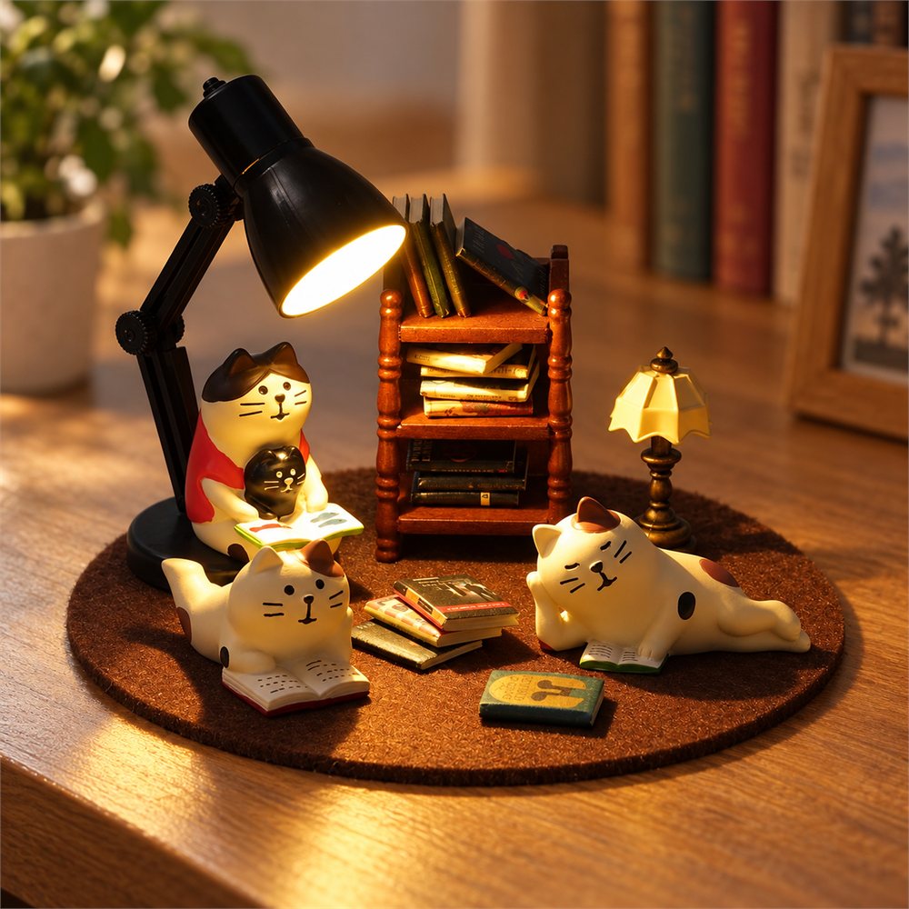 Reading Cat Library Figurine Set, Miniature Book Nook Decor, Book Lover Gift