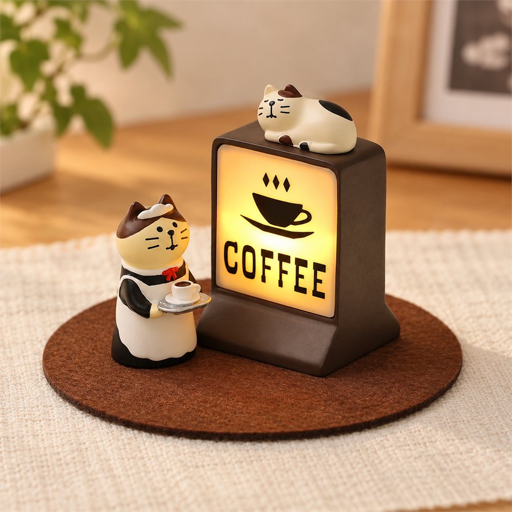 Coffee Maid Cat Night Light, Cute Cafe Desk Diorama, Coffee Lover Gift