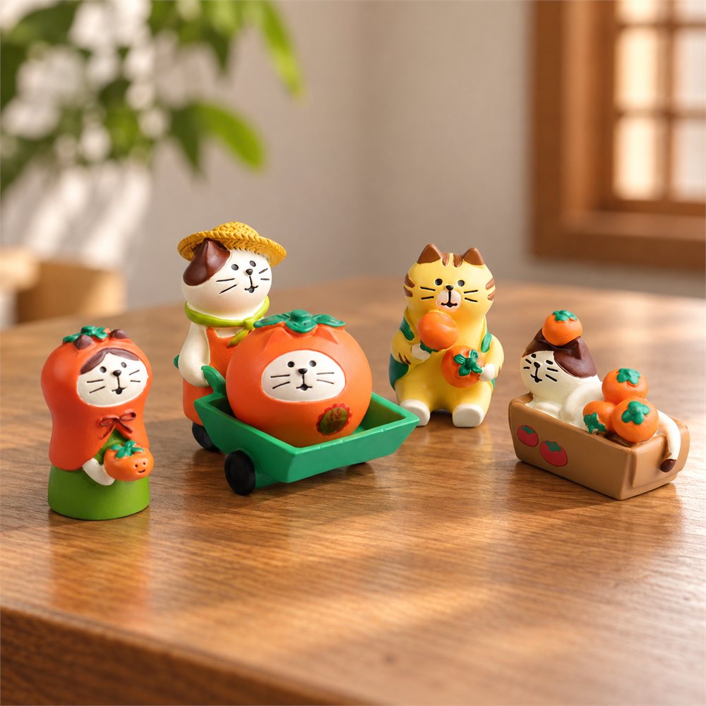 Persimmon Cat Figurine Set, Lucky New Year Desk Decor, Cat Lover Gift