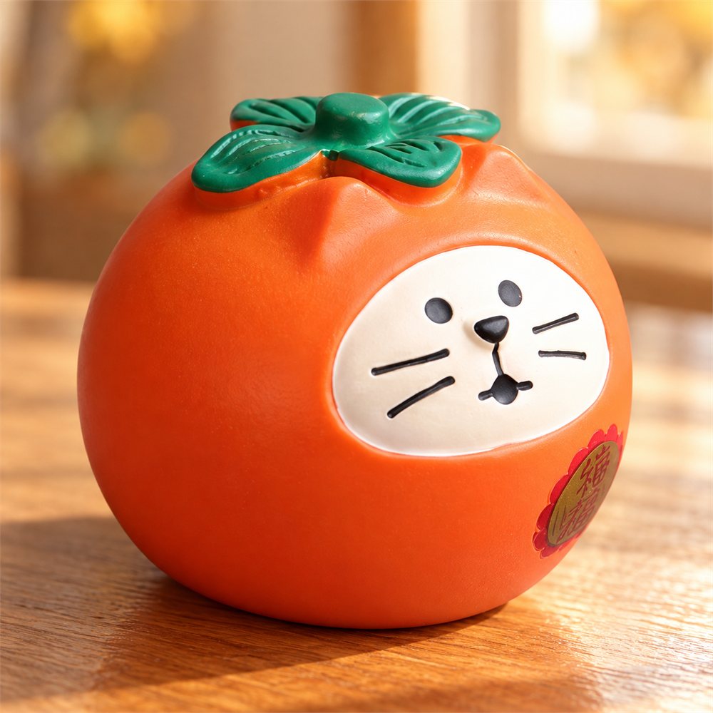 Persimmon Cat Figurine Set, Lucky New Year Desk Decor, Cat Lover Gift