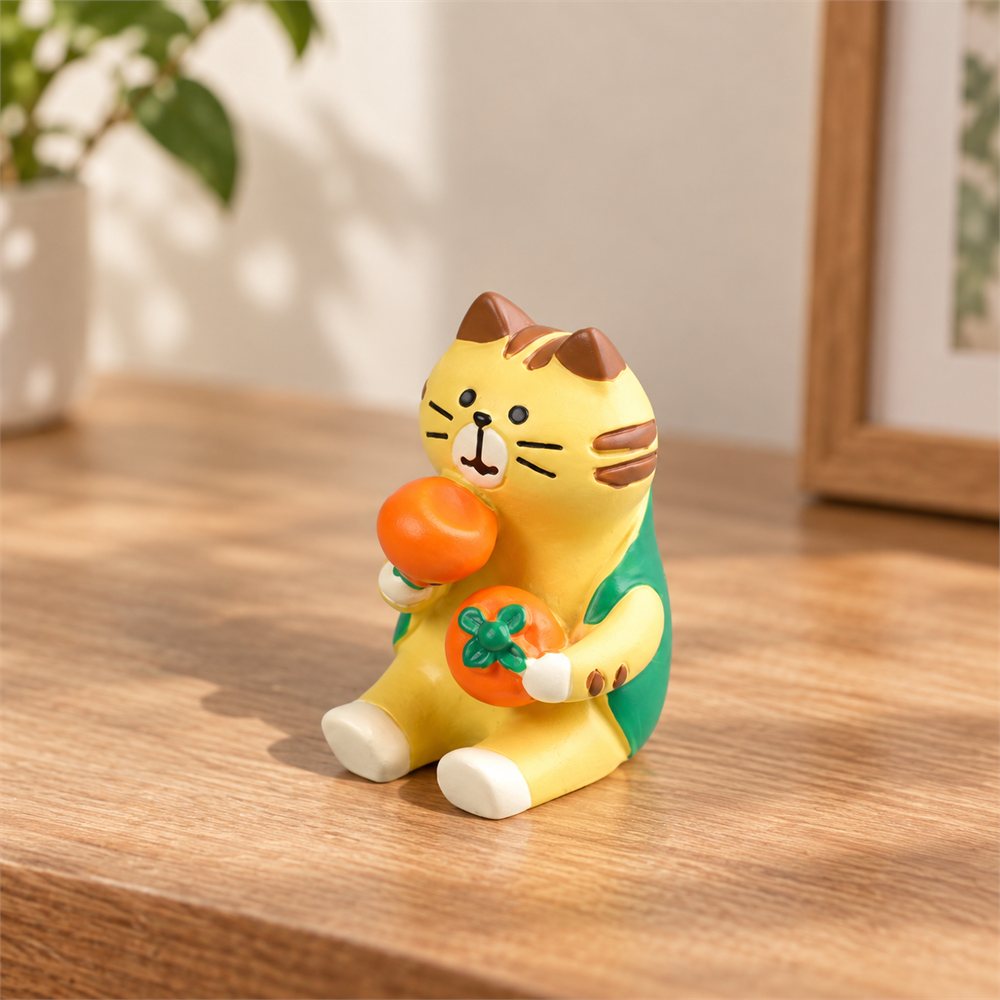 Persimmon Cat Figurine Set, Lucky New Year Desk Decor, Cat Lover Gift
