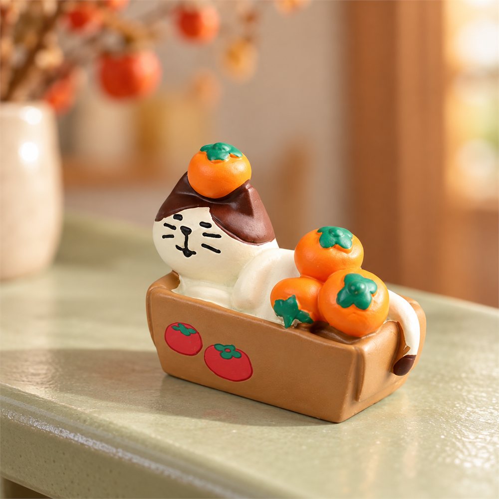 Persimmon Cat Figurine Set, Lucky New Year Desk Decor, Cat Lover Gift