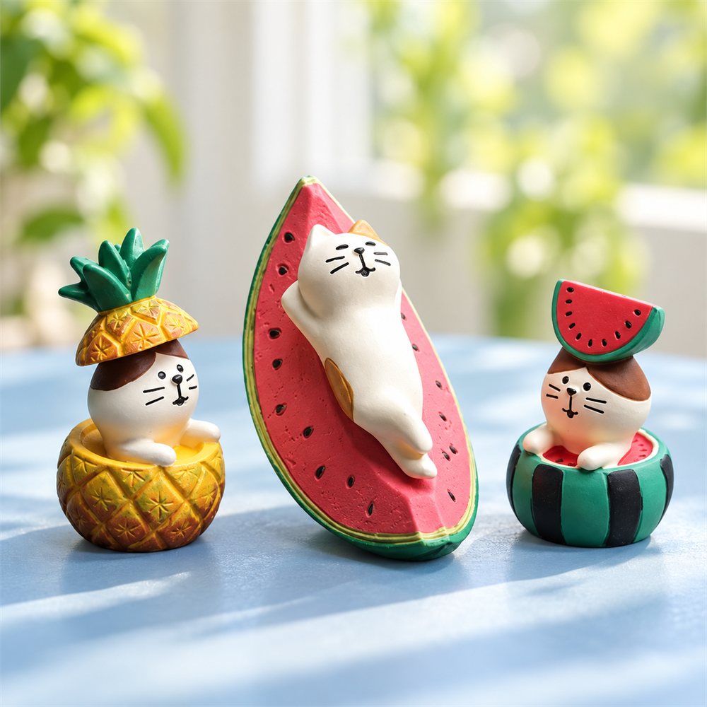 Watermelon Cat Figurine Set, Summer Fruit Desk Decor, Cat Lover Gift