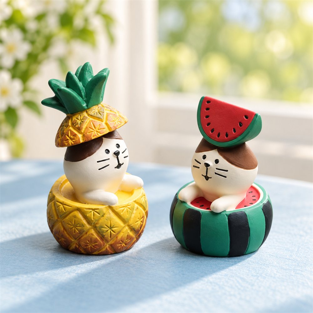 Watermelon Cat Figurine Set, Summer Fruit Desk Decor, Cat Lover Gift