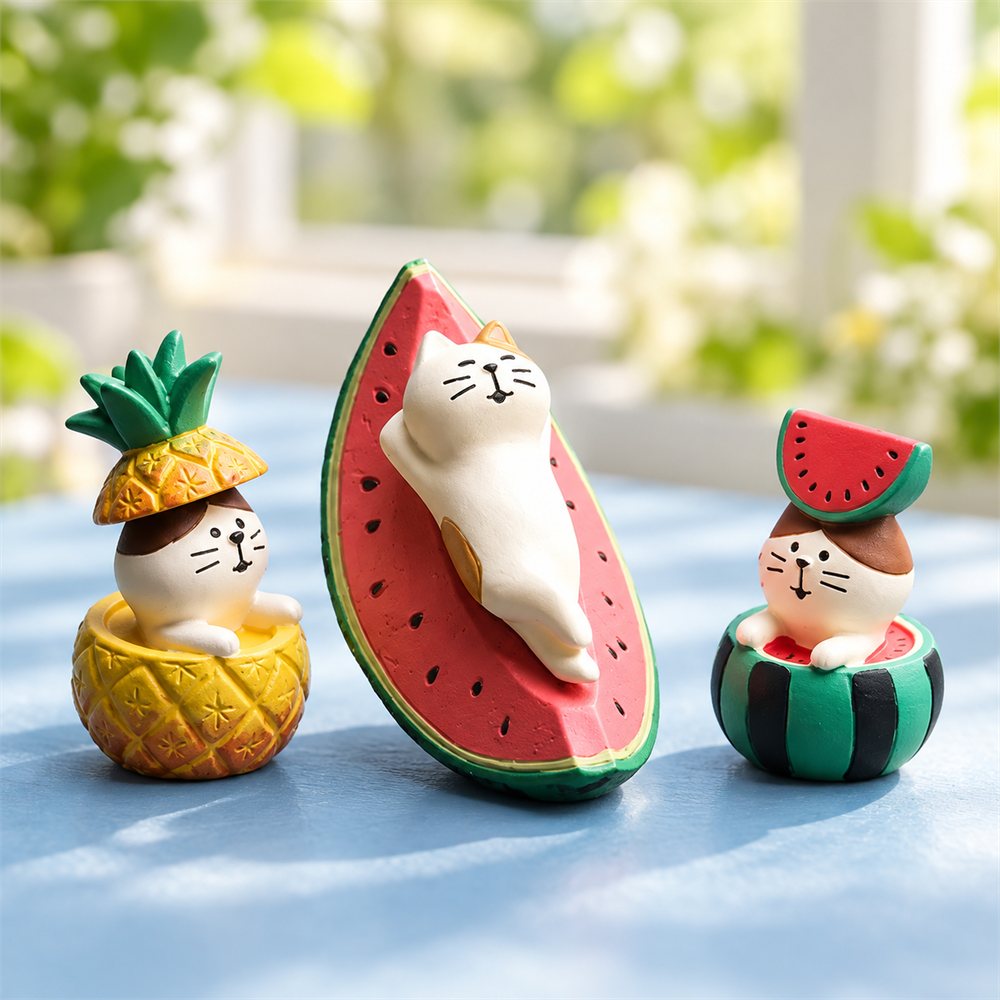 Watermelon Cat Figurine Set, Summer Fruit Desk Decor, Cat Lover Gift