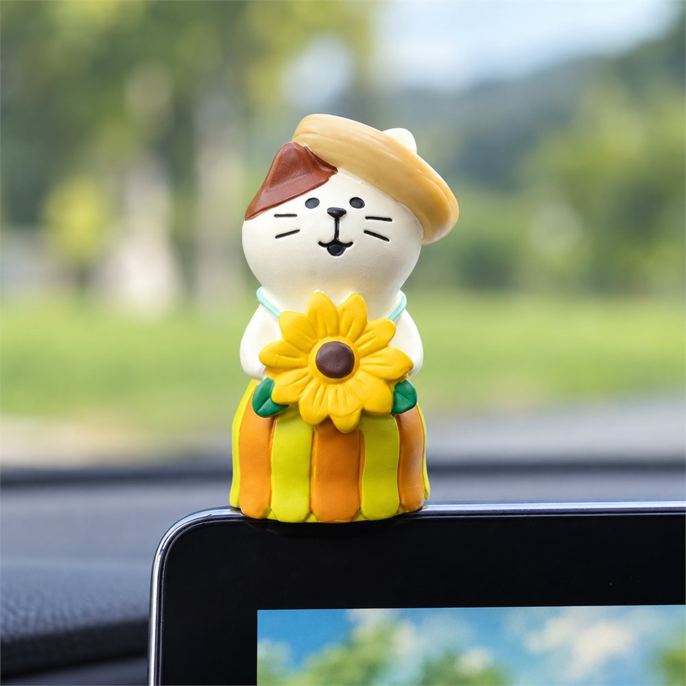 Sunflower Cat Car Figurine Set, Cheerful Dashboard Decor, Friendship Gift