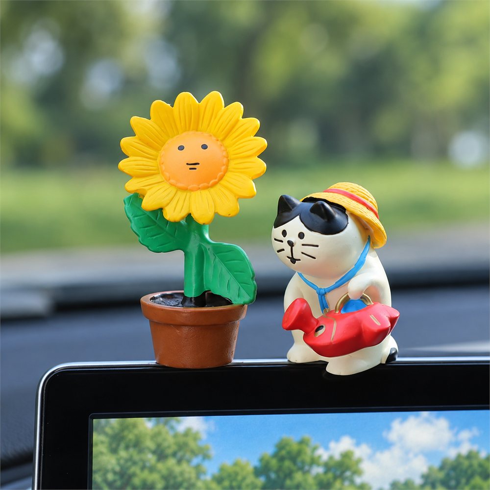 Sunflower Cat Car Figurine Set, Cheerful Dashboard Decor, Friendship Gift