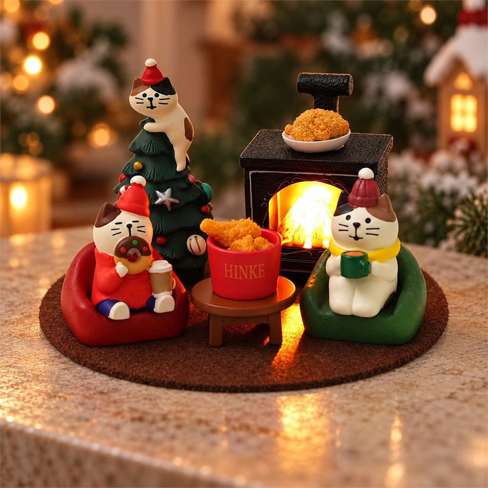 Christmas Fireplace Cat Night Light, Holiday Desk Diorama, Cat Lover Gift