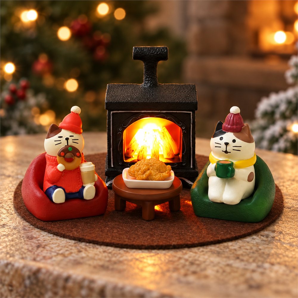 Christmas Fireplace Cat Night Light, Holiday Desk Diorama, Cat Lover Gift