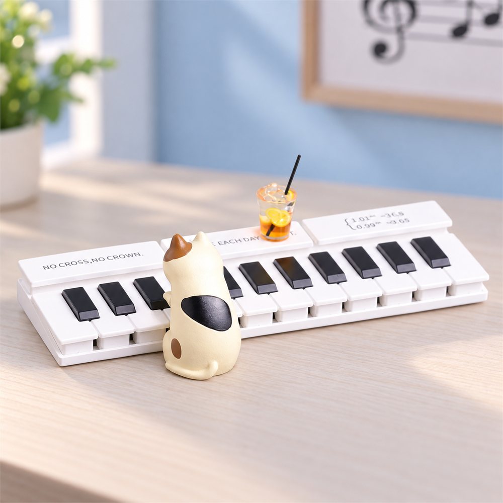 Keyboard Cat Figurine Set, Miniature Music Desk Decor, Pianist Gift