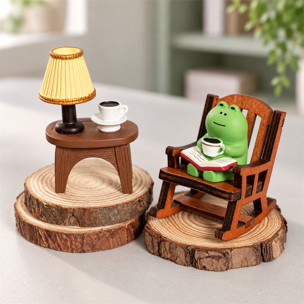 Frog Rocking Chair Figurine Set, Cozy Reading Desk Decor, Frog Lover Gift