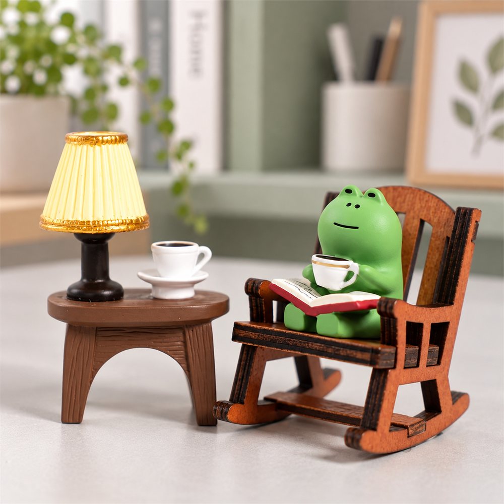 Frog Rocking Chair Figurine Set, Cozy Reading Desk Decor, Frog Lover Gift