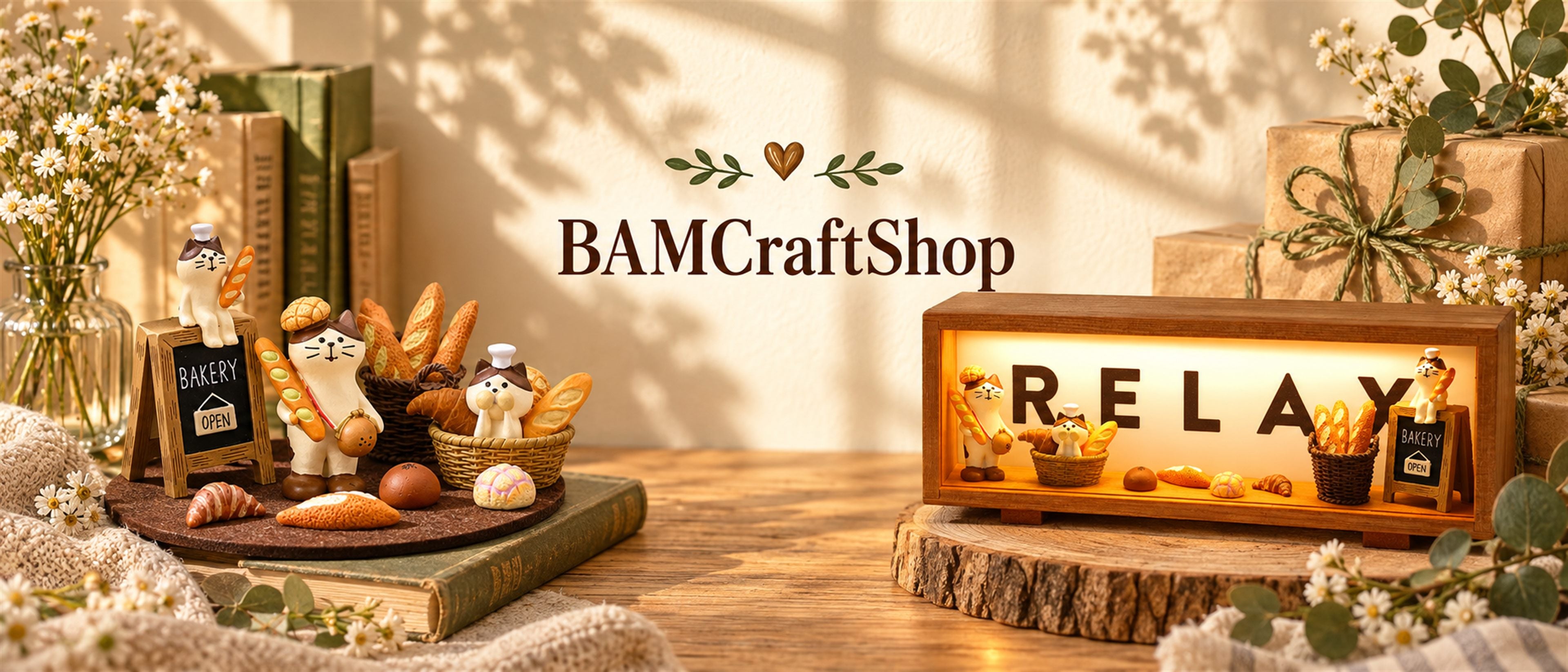 BAMCraftShop bakery cat miniatures in a warm cottage setting