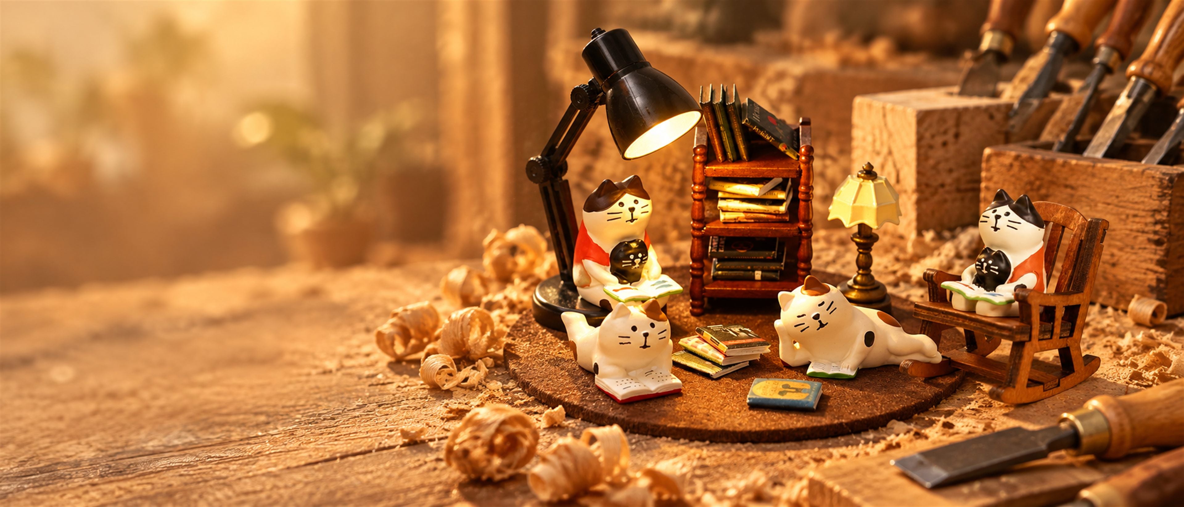 Reading cat miniatures staged on an amber woodworking bench