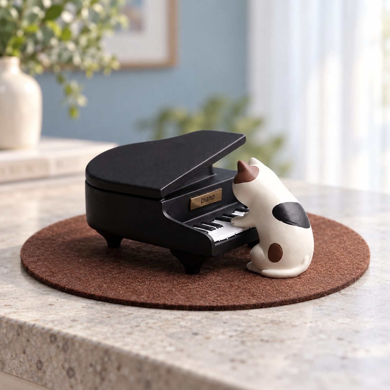 A cat playing a miniature black piano